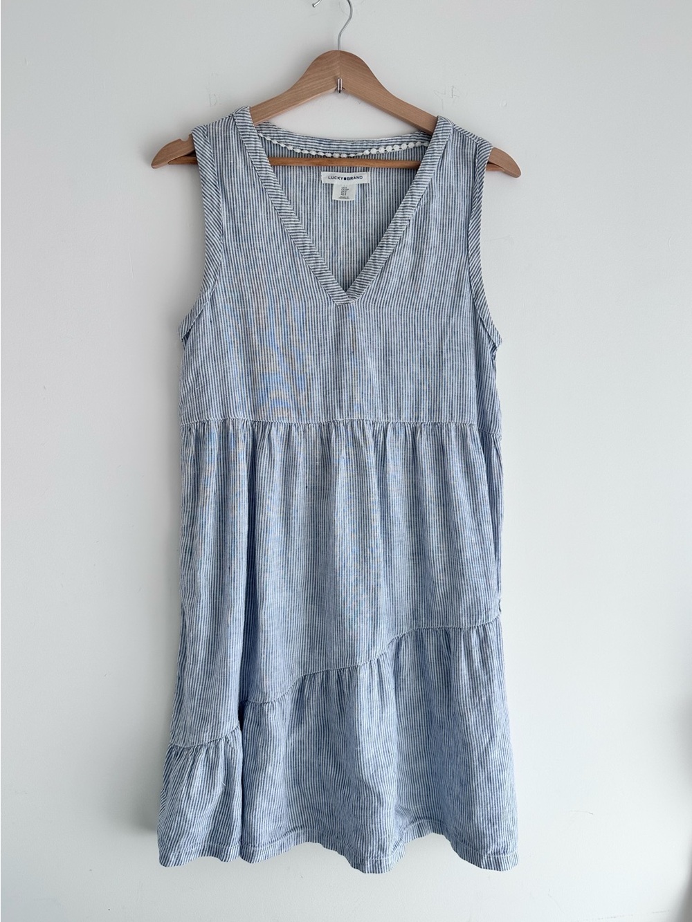 Lucky Brand 100% Linen Blue and White Striped V-Neck Tiered Midi Dress